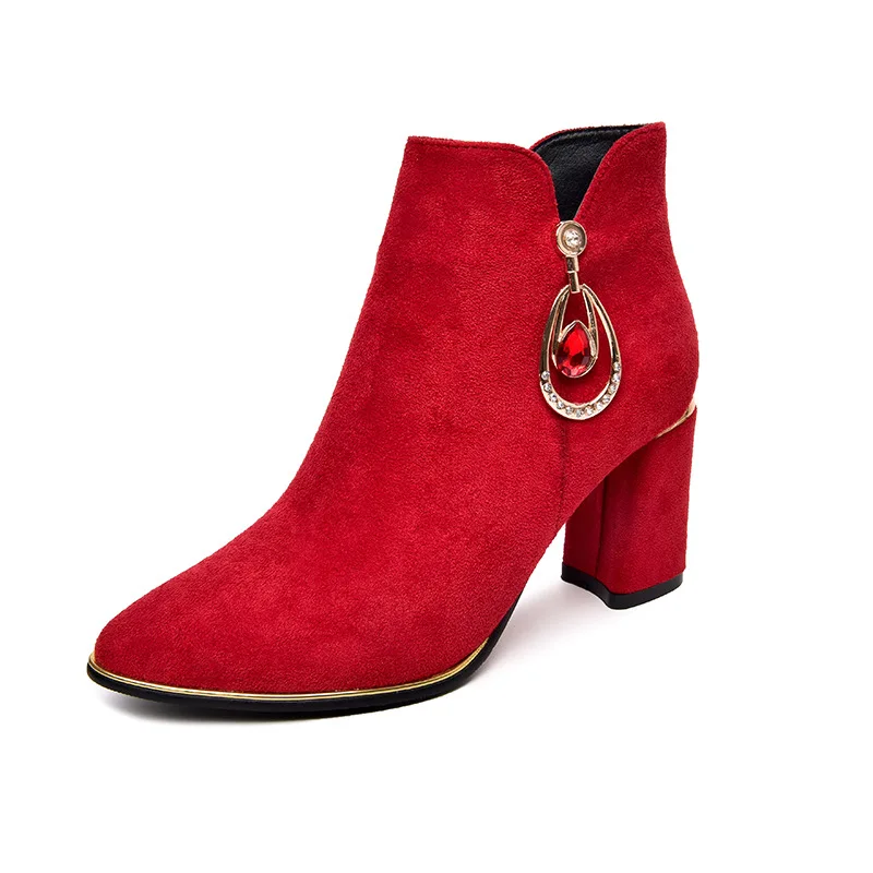 2019 autumn and winter new European and American pointed rhinestone high heel wild women's boots red 0220