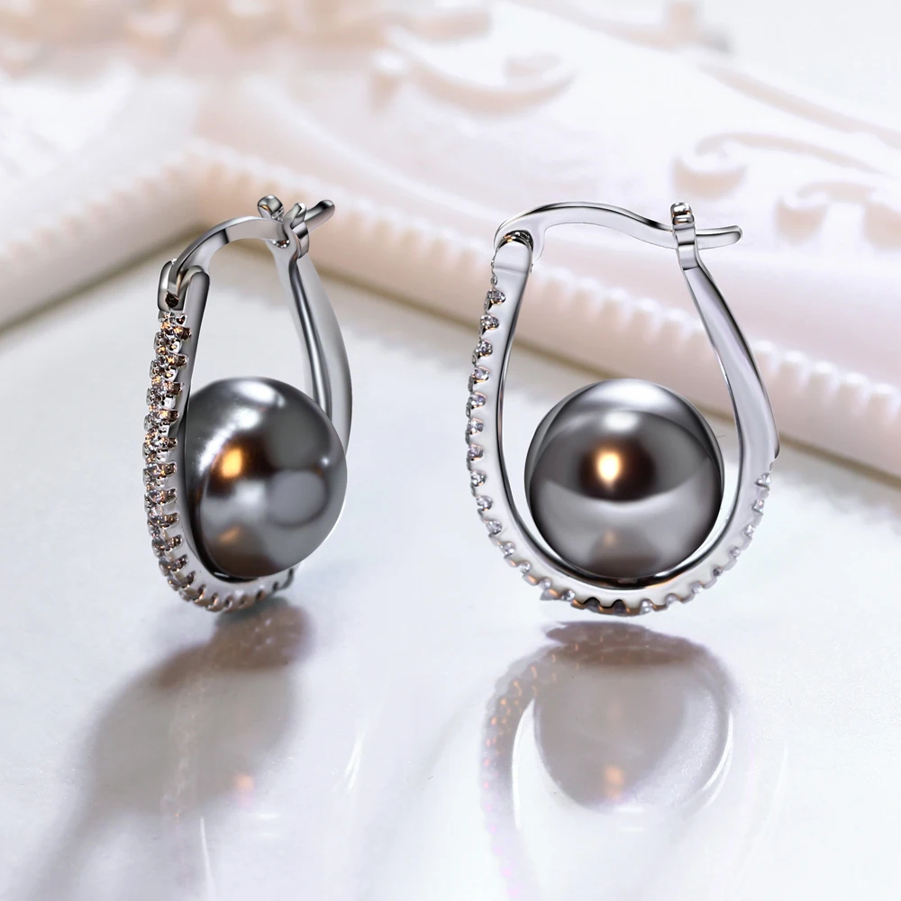 

Brand New Design Fashion Hoop Earrings Setting with AAA Cubic Zirconia Free Allergy Grey simulated Pearl earrings