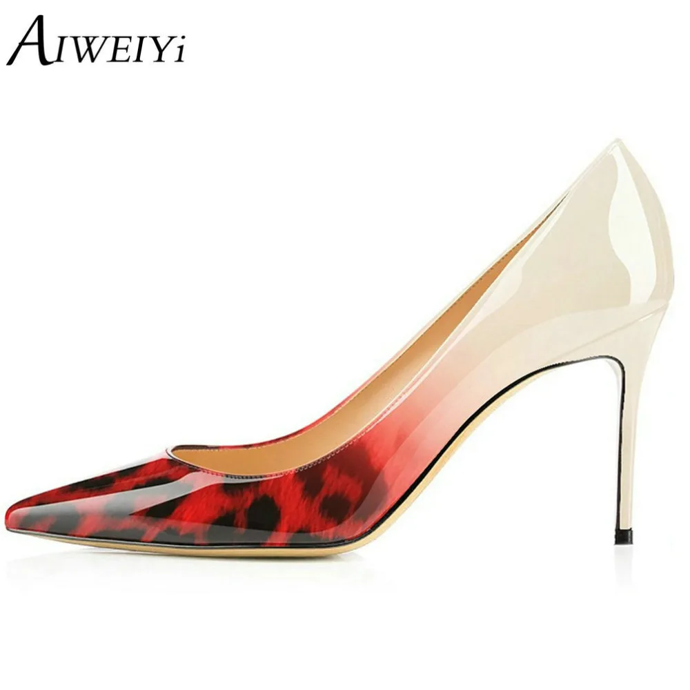 

AIWEIYi Sexy Pointed Toe Patent Leather High Heels Pumps Shoes 2018 Woman's Leopard Print Heels Slip On Ladies Wedding Shoes