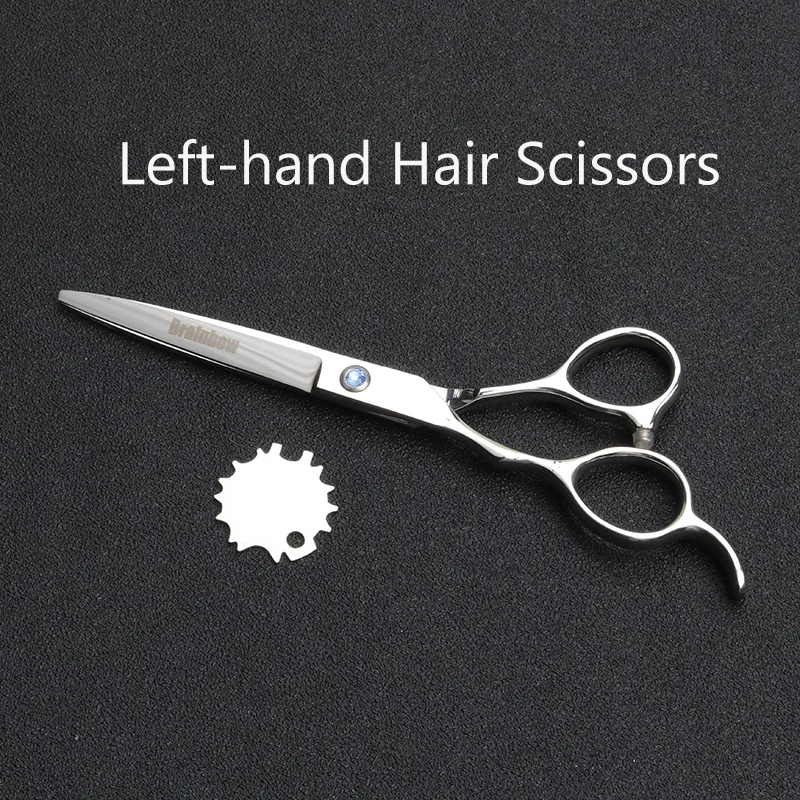 Tesoura de Cabelo Brainbow Scissors Esquerda-mão Inoxidável 9cr13 Profissional Cabeleireiro Corte Fino Barbeiro Tesouras Titânio Pente 6.0 Aço 15 Cheap Tesouras de cabelo