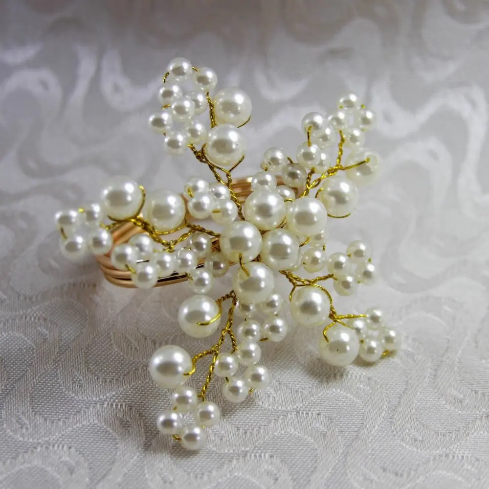 

white pearl flower napkin rings beaded wedding wholesale, napkin holder,