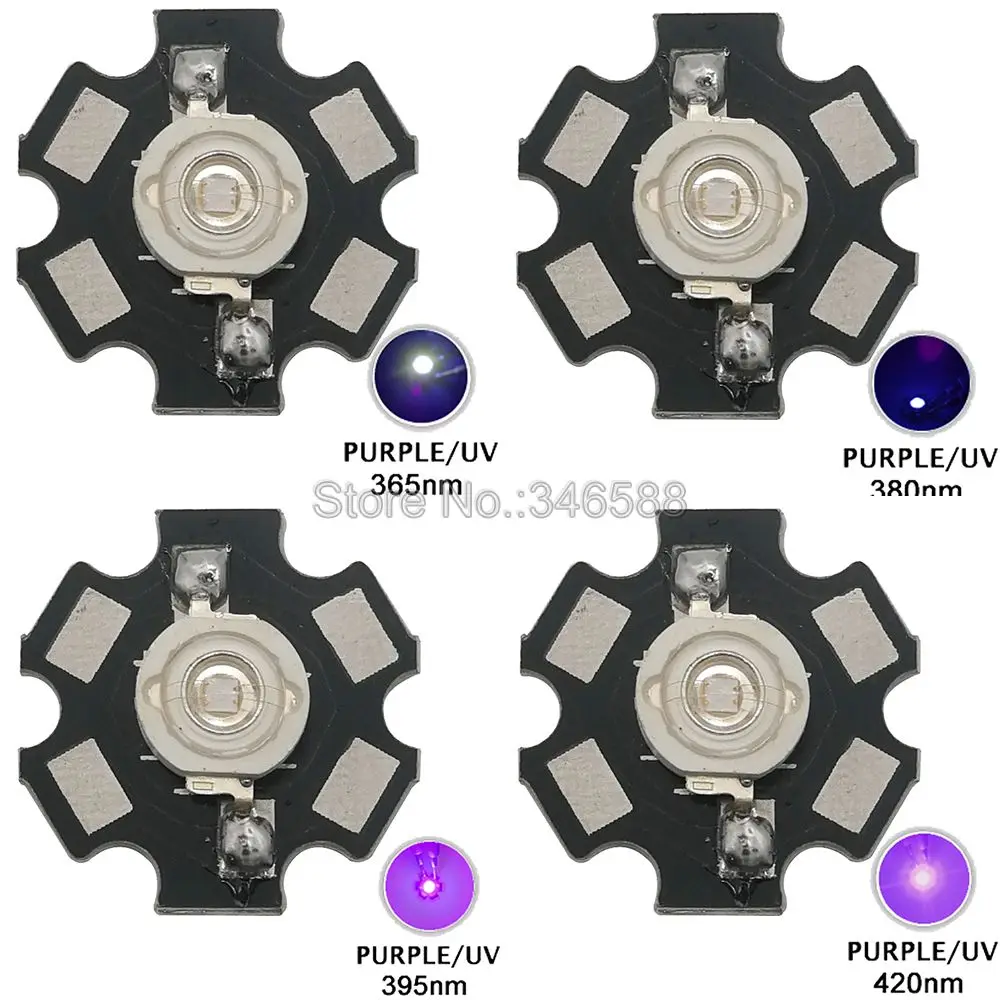 

5pcs 3W UV/Ultra Violet High Power LED Emitter Diode w/ 20mm Star Heatsink Optional 365nm 380nm 395nm 420nm
