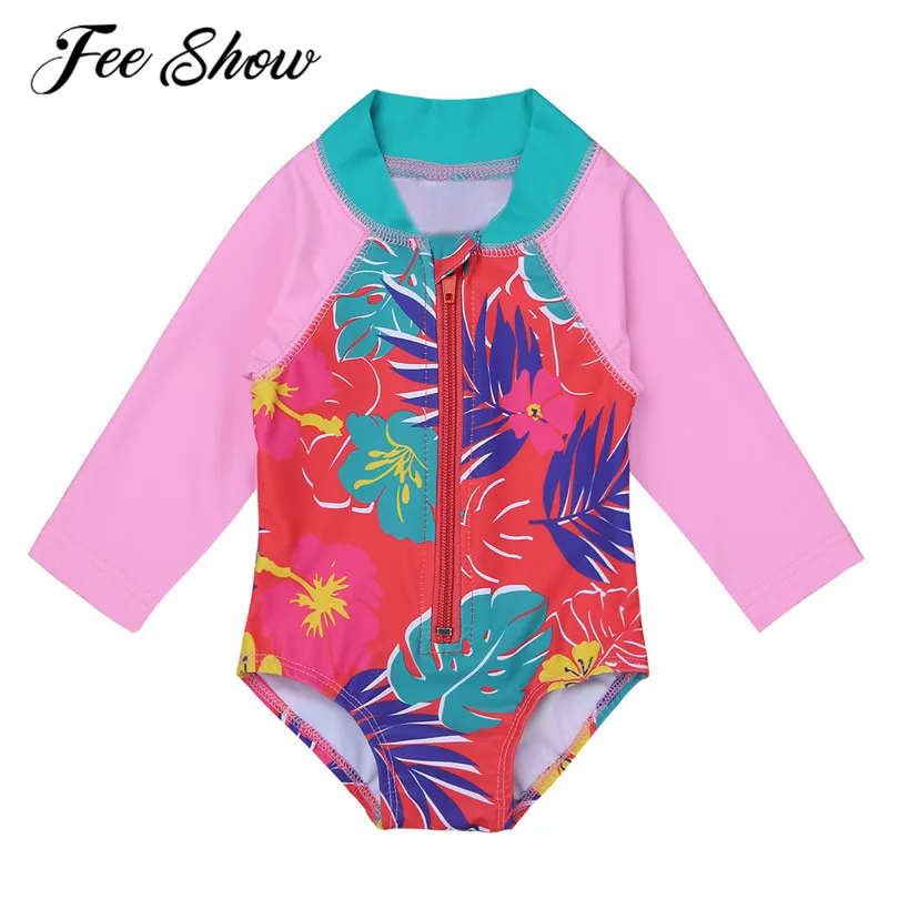 

3-24 Months One-piece Long Sleeves Floral Printed Zippered Infant Baby Girl Swimsuit Girls Swimwear Bathing Suit Rash Guard