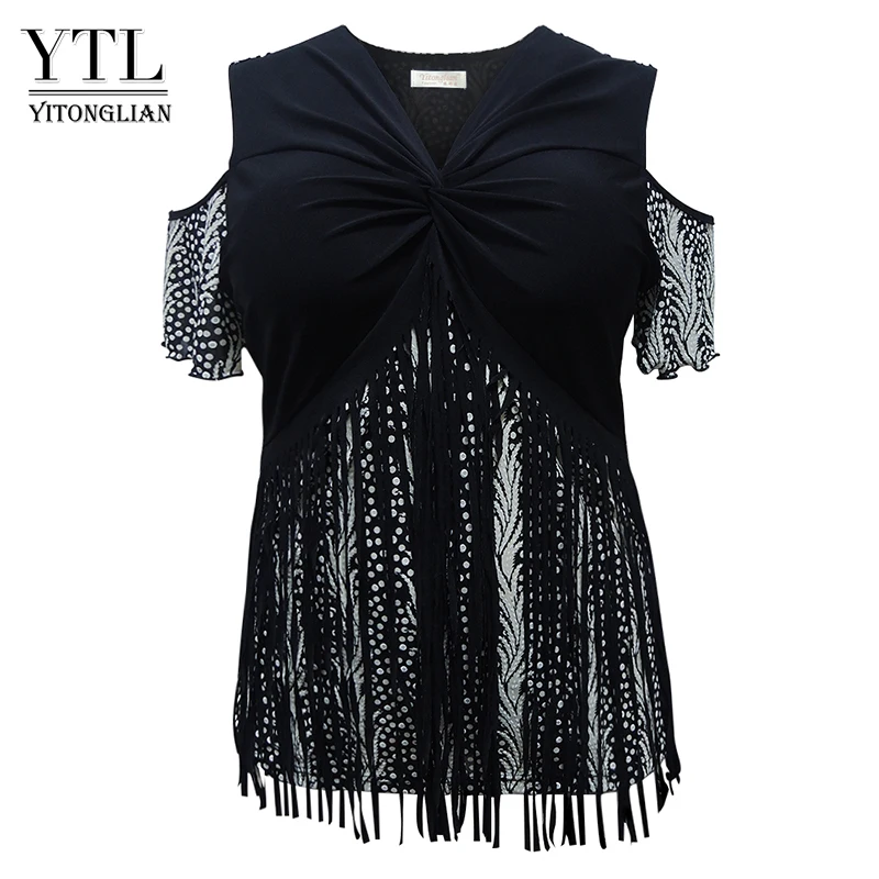 YTL New Arrival Plus Size Ladies Vintage Tassel Blouse Summer Sexy V