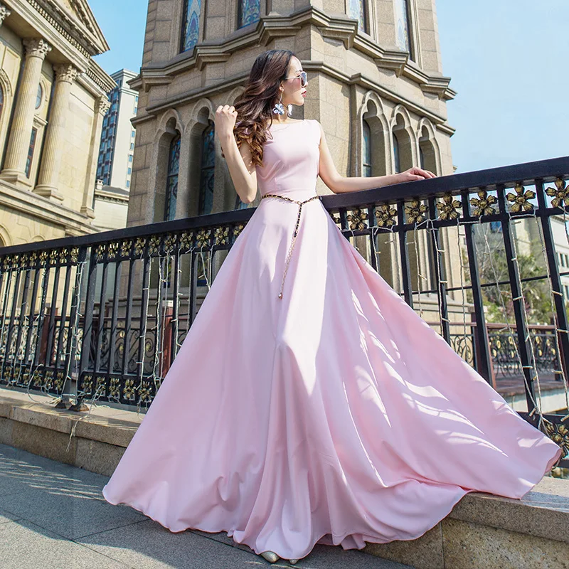 

Long Pink Dress Summer Women Elegant Floral Dress Floor Length Pleated Women Sleeveless Party Maxi Dress With Sashes