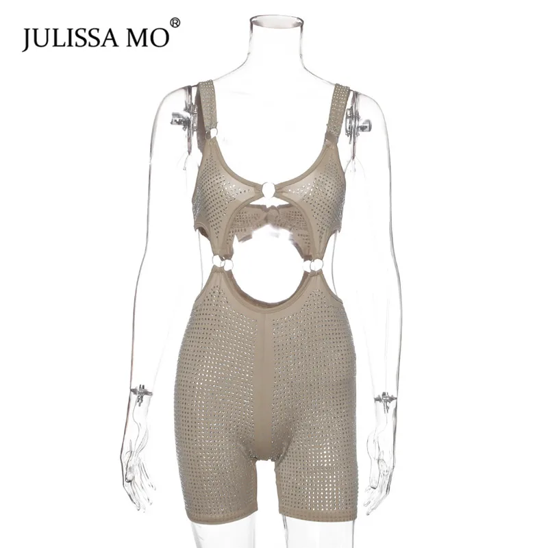 Хаки JULISSA MO Boot Cut комбинезон со стразами женские сексуальные с v-образным вырезом широкие шорты комбинезоны Летние Боди вечерние костюм пляжного типа - Цвет: Хаки
