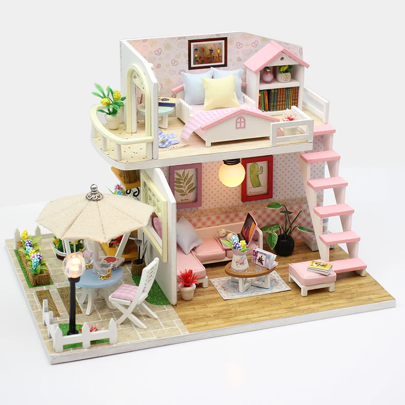 Billige DIY Puppe Haus Miniatur Holz Puppenhaus Miniaturas Möbel Spielzeug Haus Puppe Spielzeug für Geschenk Wohnkultur Handwerk Figuren M33
