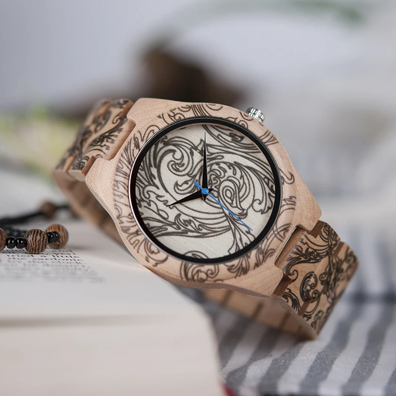 BOBO BIRD WO07 Pine Wooden Quartz Watches for Men UV Printing Tattoo Watch In Wood Box With Tool For Adjust Size Dropshipping