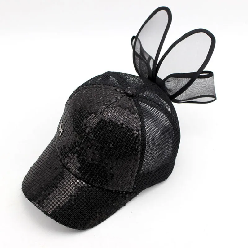 Модная Милая бейсбольная кепка с заячьими ушками для девочек, сетчатая шапка с мультипликационным принтом, разноцветная Детская кепка с бантиком, Регулируемая Кепка - Цвет: Black
