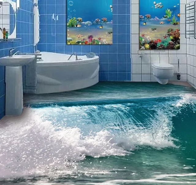 Free shipping 3D Custom Wall Sticker seaside blue wave Bathroom