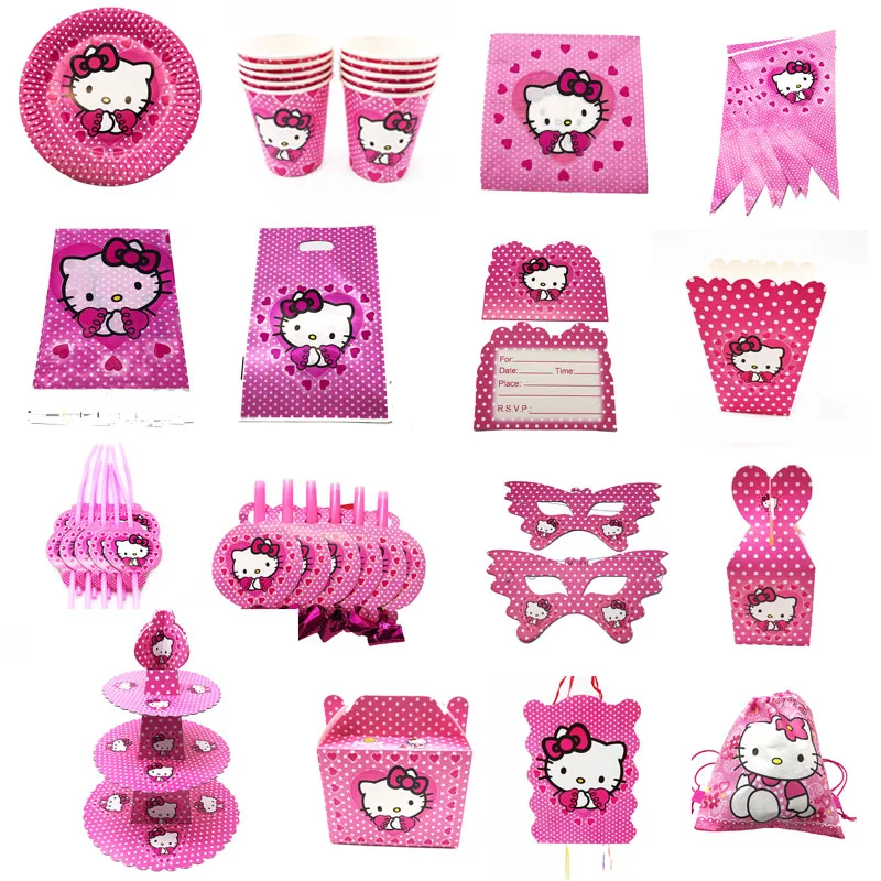 

Hello Kitty theme disposable plates cups napkins Hello Kitty themed birthday party decorations candy boxes Hello Kitty banners