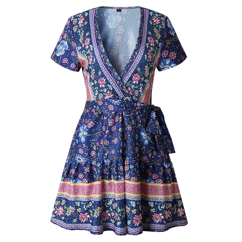 Женское платье-мини с этническим принтом Everkaki Boho Gypsy, с поясом, v-образный вырез, короткий рукав, богемное платье для женщин, лето-осень, новинка