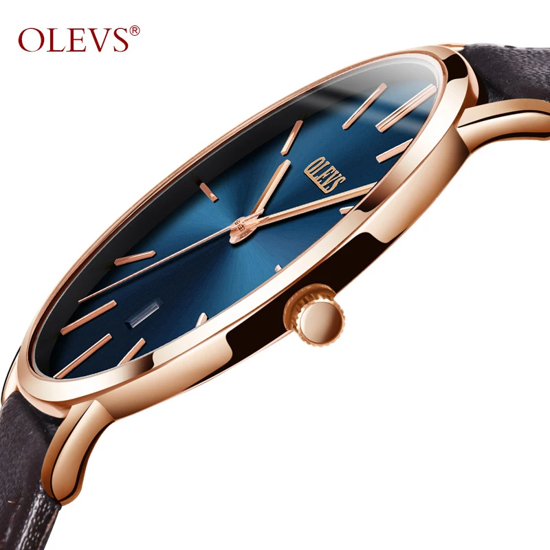 

Ultra Thin Quartz Watch Men OLEVS Luxury Rose Gold Men Watch Blue Dial Waterproof Brown Leather Wrist Watch with Date 2019