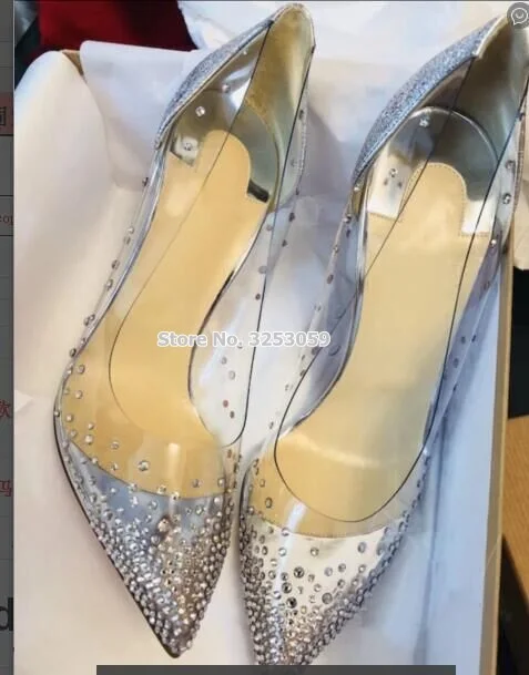 ALMUDENA Clear PVC Bling Bling Crystal Wedding Shoes Stiletto Heels Pointed Toe Silver Patchwork Shallow Glittering Pumps Women