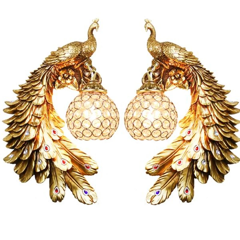 US $72.00 wongshi Europeanstyle Resin Peacock Crystal Wall Lamps Bedroom Bedside Living room TV Background Wall Lamp 110V 220V Wall Light