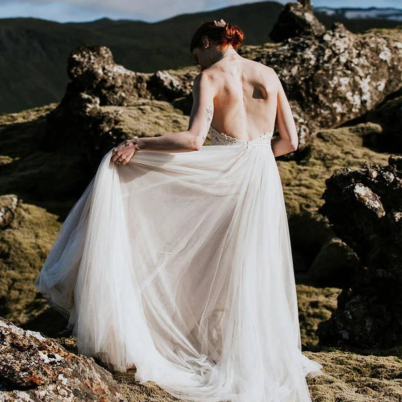 

LORIE Beach Tulle Wedding Dress 2018 Vestido de noiva Modest Lace Top Boho Bridal Dresses Halter Off Shoulder China Custom Made