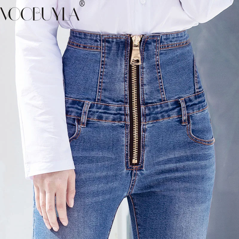 

Voobuyla 2019 Summer High Waist Zipper Denim Jeans Women Elastic Plus Size Stretch Jeans Woman Washed Hip Skinny Pencil Pants