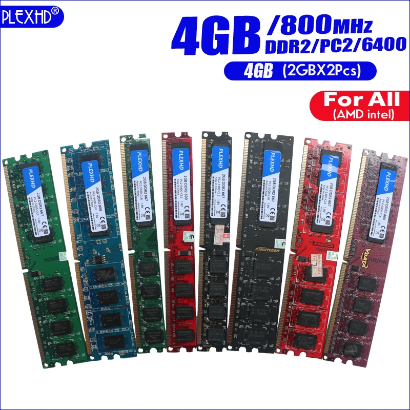 PLEXHD 4G 4 Гб(2GBX 2 шт) DDR2 pc2 6400 800 МГц(широкая версия) для настольных ПК pc2-6400 ddr2 800 МГц(для intel amd) Высокая совместимость