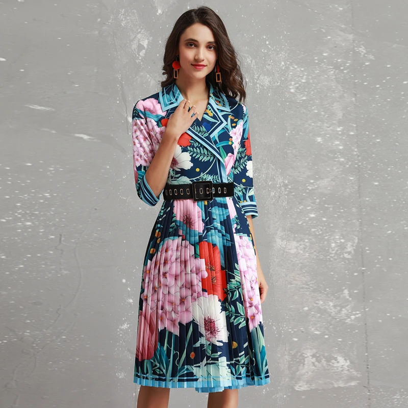 

Red RoosaRosee New Colorful Flower Print Turn-down collar Three Quarter Sleeve Dresses Women Runway 2019 Spring Slim Dress Belt