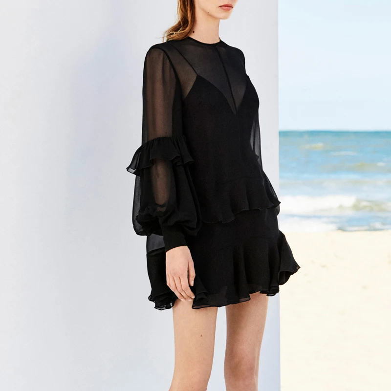

Runway Dress Luxury Designer 2019 New Arrival Women High Quality Vintage Sexy Chiffon Mesh Elegant Ruffle Mini Party Vestido