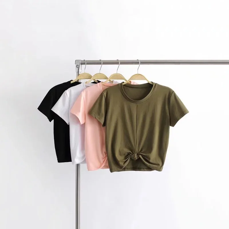 

Europe and America Summer Top Women T-shirt Sexy Tight Hem Knotted Sports Short Sleeves T-shirt Women
