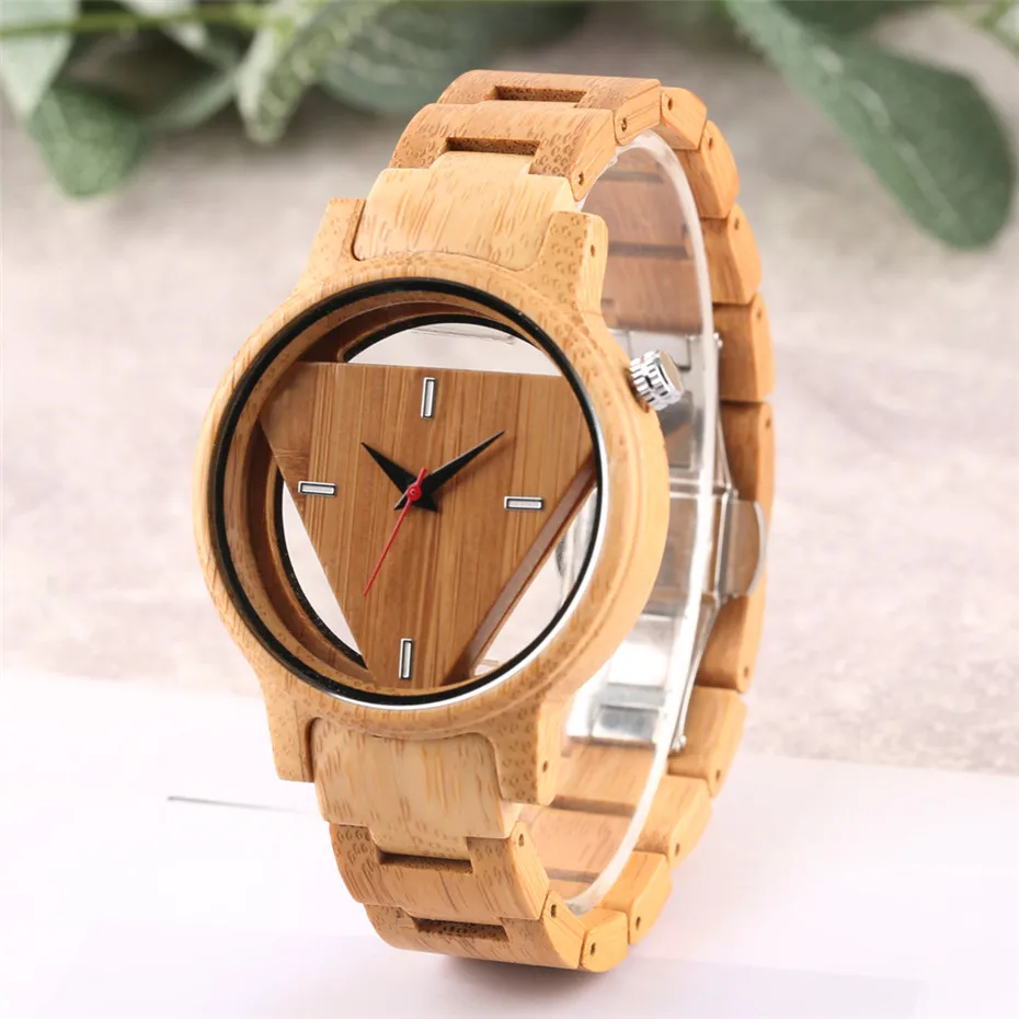 

Unique Hollow Triangle Dial Bamboo Watches Men Casual Quartz Man Wrist Watch Wooden Bamboo Band 2018 New Luxury Clock Male Gifts