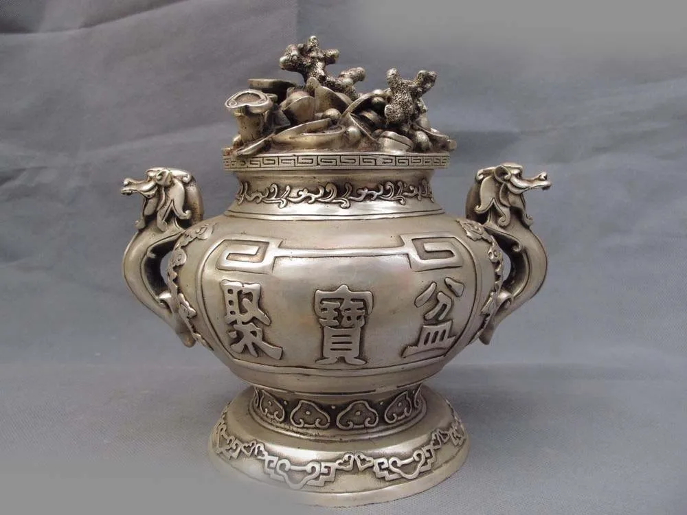 

Chinese Folk White Copper Silver Lucky Two Dragon God of wealth Treasure bowl