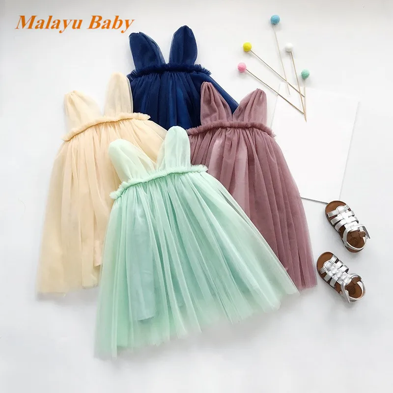 

Malayu Baby Girls evening dress 2019 summer girls children's clothing V-neck tulle princess dress flower girl wedding dress