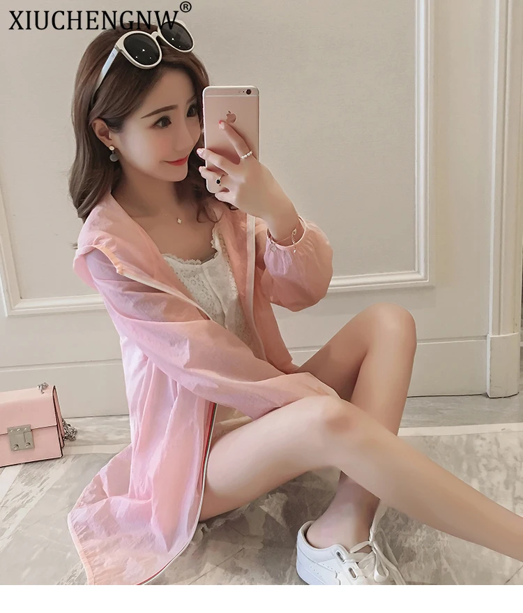 

Summer Thin Sunscreen 2019 Women Quick Dry Zipper Coat Iridescent Transparent Casual Bomber Sunproof Hooded Jacket Tops Pink