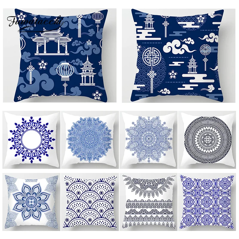 

Fuwatacchi Chinese Style Print Cushion Cover Lantern Fan Blue Sea Pillows Cover Geometric Sofa Home Decor Blue Pillowcases