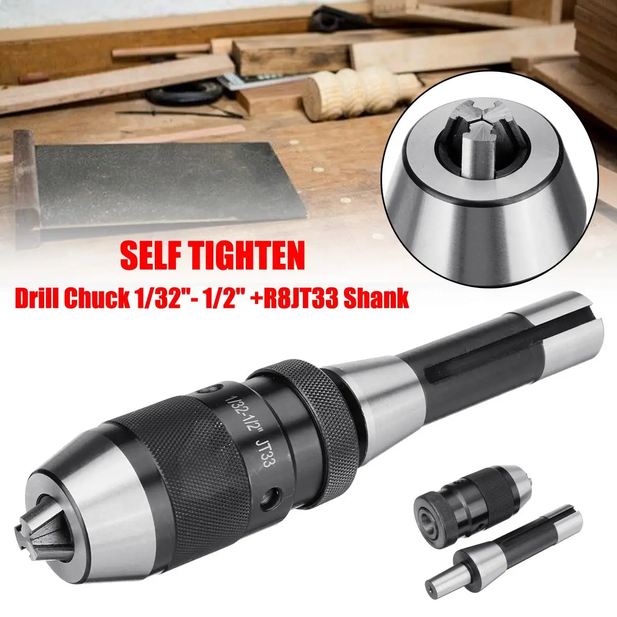

Light-duty Self Tighten Automatic Locking Drill Tool Keyless Chuck 1/32"- 1/2" +R8JT33 Shank Adapter Woodworking Tools