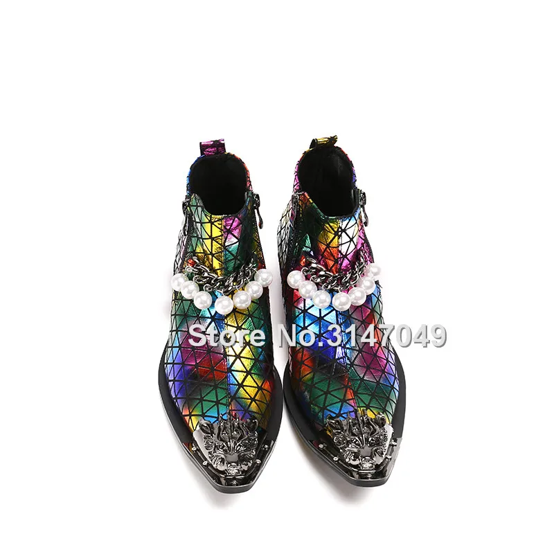 De Pearl Couro Colorido Festa Pearl Homens With Zíper Vestido Dos Dedo Tornozelo Apontado Moda Inverno Decoração Botas Pérolas Sapatos Pé Cadeia no Metal Do 5w6U1a4q