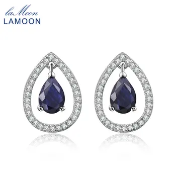 

LAMOON Real Blue Sapphire Stud Earrings for Women Water Drop Brincos 925 sterling-silver-jewelry Anniversary Crown Earring EI054
