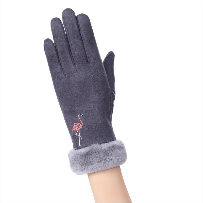 Женские ветрозащитные теплые кашемировые рукавицы с вышивкой в виде птицы журавля двойные толстые плюшевые женские перчатки для вождения с сенсорным экраном - Цвет: Gray