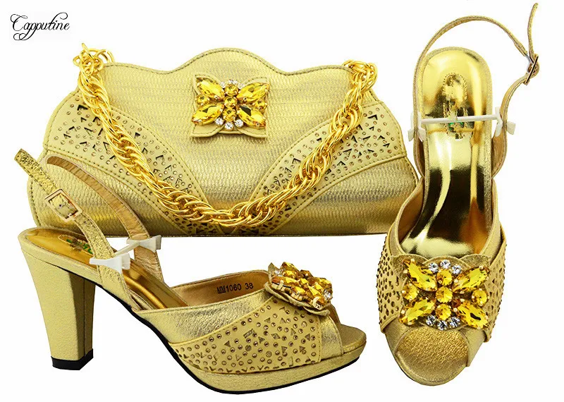 New coming sandals and bag set nice gold high heel shoes