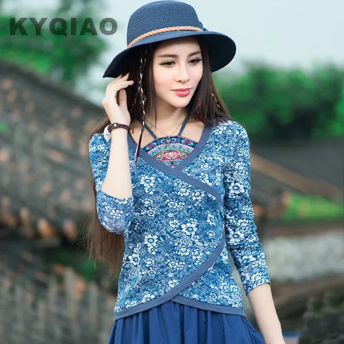 

KYQIAO Women blouses blusas y camisas mujer plus size traditional Chinese clothing vintage ETHNIC bellyband print blouse shirt