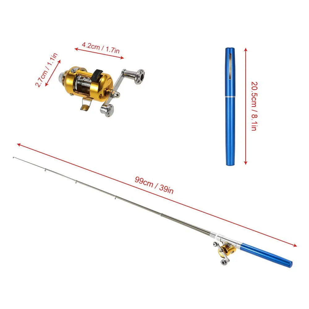 المحمولة جيب القلم الصيد رود القطب + بكرة سبائك الألومنيوم الصيد اكسسوارات الصيد قضيب بكرة كومبو كيت البسيطة تلسكوبي