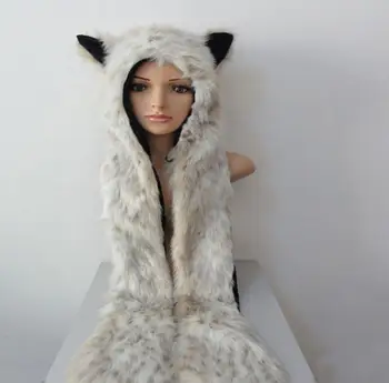 

Party Cos Cap Faux Fur Animal Ears Hat Gloves Mittens Scarf Snood Hood Wolf Paws Halloween Costume props MAS Gift Polyester