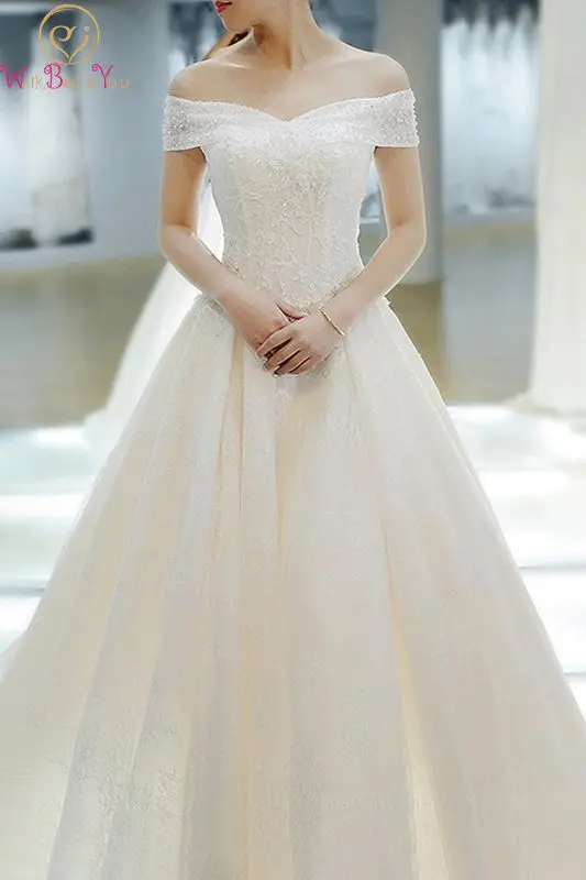 

Real Photos Boat Neck Elegant Long Bridal Gowns Elegant Floor Length Ivory A Line Princess Simple Lace Formal Wedding Dresses