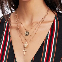 SRCOI длинные Многослойные Подвески с крестом кулон Дева Мария христианские религиозные цвета: золотистый, серебристый Цвет Сеть Богемия колье Цепочки и ожерелья