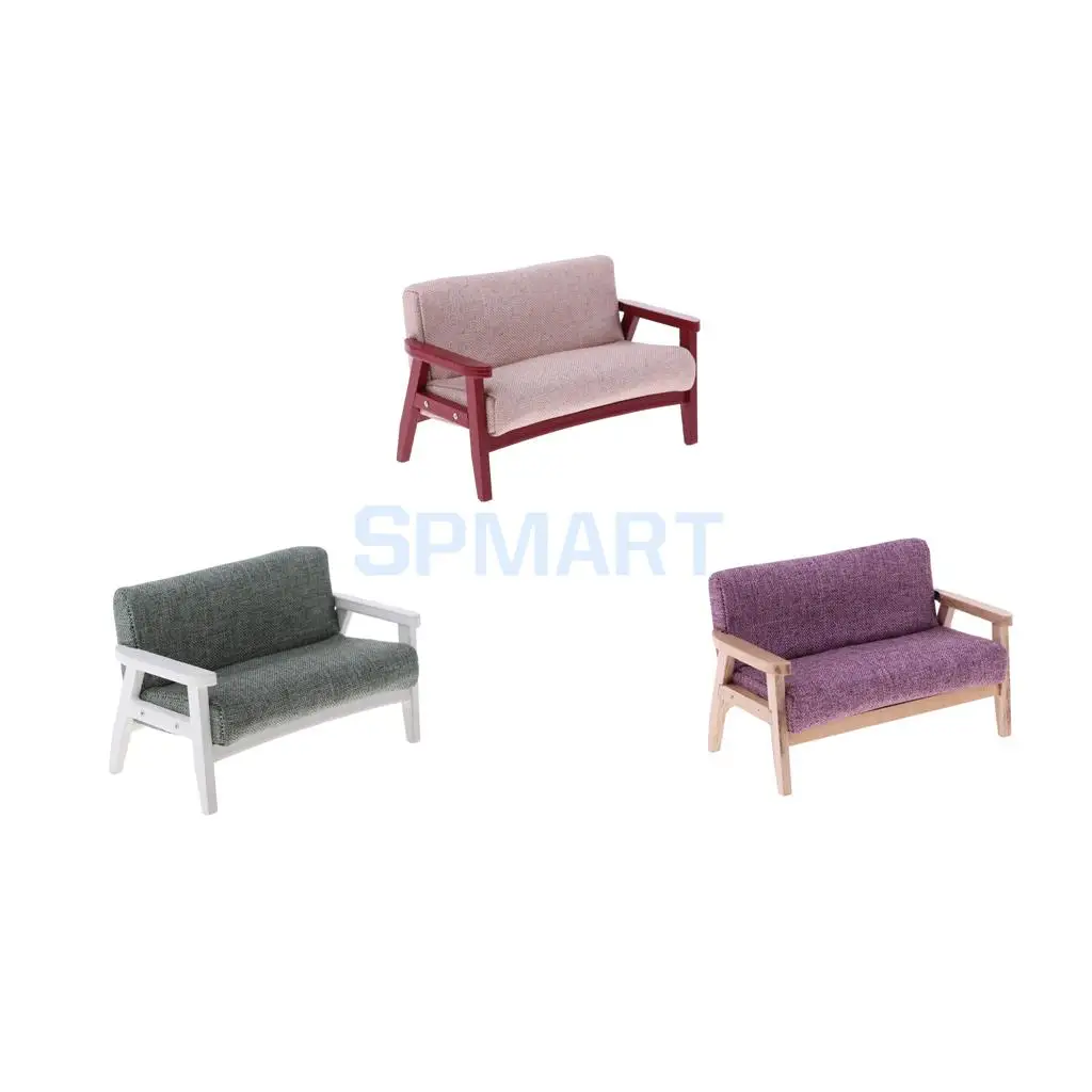1:12 Scale Dollhouse Miniature Wooden Double Sofa Couch Living Room Bedroom Furniture Decoration Dolls Accessory Model Toy