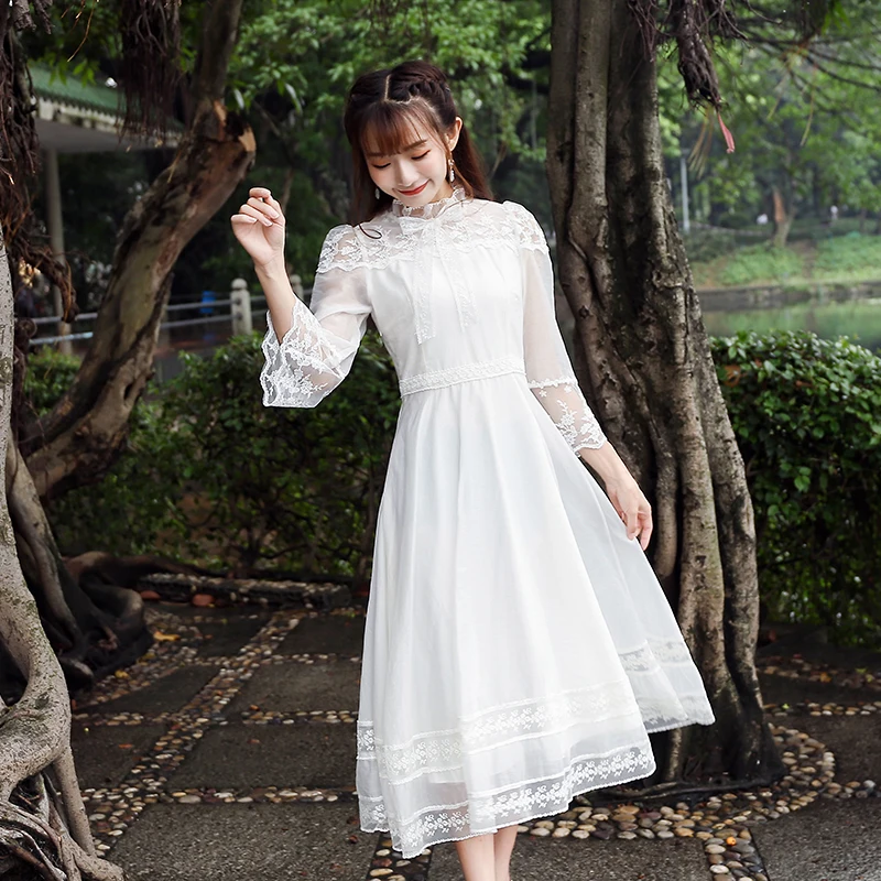 

Summer Women's Vintage Sweet Tens Girls Lace Dress Hollow Out Flare Sleeve White Fairy Mid-length Cute Kawaii Dress