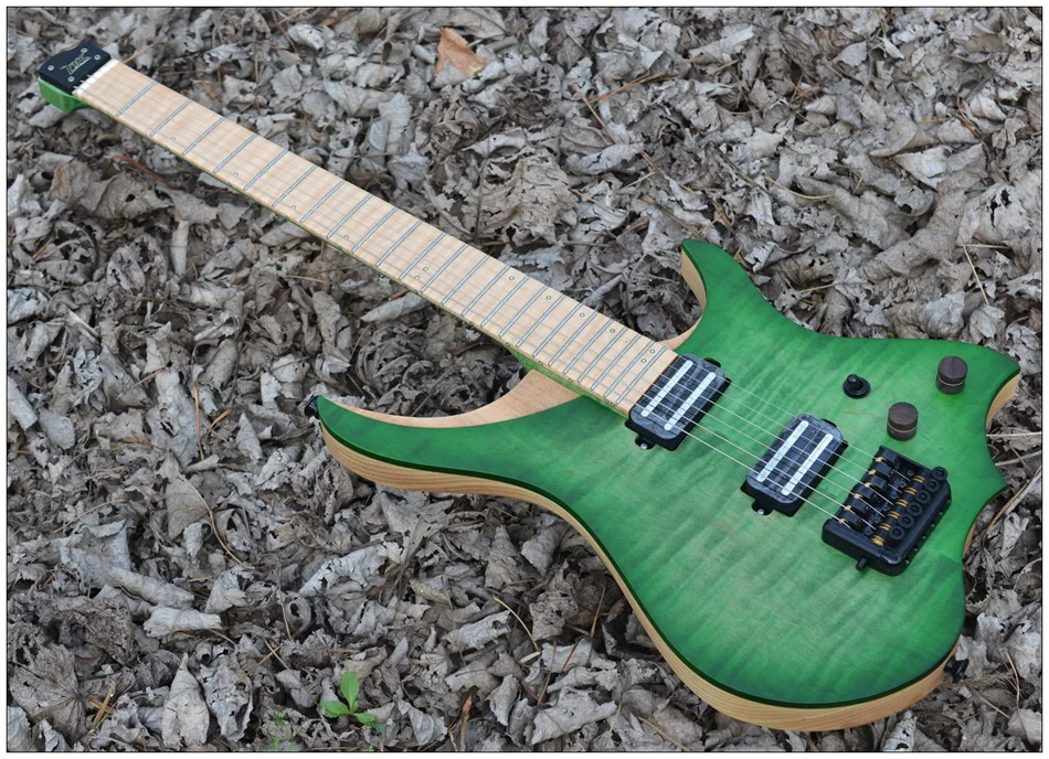Headless Electric Guitar style Model Purple GREEN color Solid Flame maple top and AAA Neck in stock free shipping | Спорт и