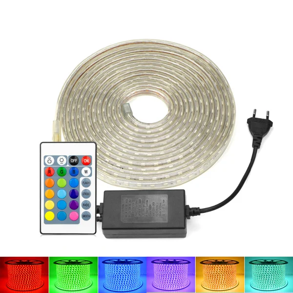 #cheap 5M 10M 15M 20M 25M 220V 5050 SMD RGB LED strip light led tape flexible ribbon 60 leds m outdoor garden lighting EU plug adapter