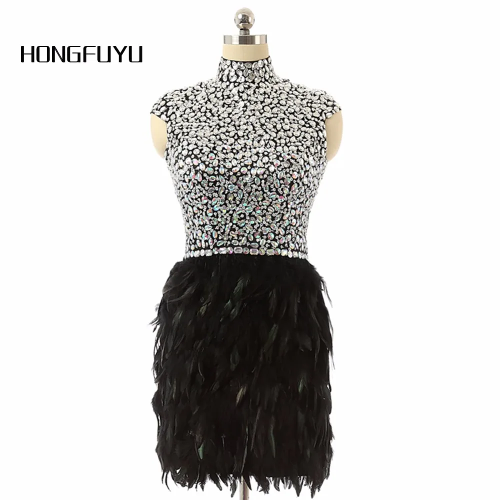 HONGFUYU High Neck Ball Gown Feathers Beaded Rhinestone Black Cocktail