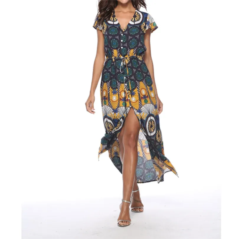 New Women Summer Bohemian Printed V-neck Print Dress Beach Holiday Fashion Casual Elegant Party Dress vestidos #4A26 (1)