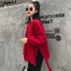 Женский однотонный СВОБОДНЫЙ Модный корейский стиль с круглым вырезом красный для отдыха женский Универсальный толстый бархатный пуловер