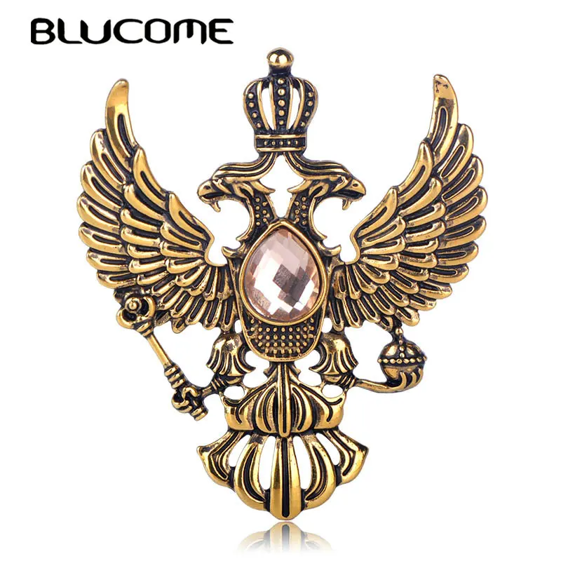 

Blucome Retro Russian National Emblem Brooches Antique Gold Color Crystal Badge Lapel Pin Women Men Clothes Suit Jewelry Clips
