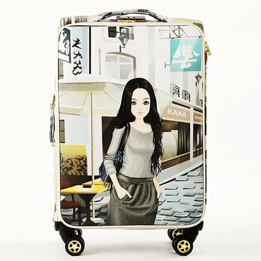 Красивая девушка узор большой емкости чемоданы сумки, женщина Высокое качество Многоцветный путешествия чемодан сумка, водонепроницаемый Спиннер