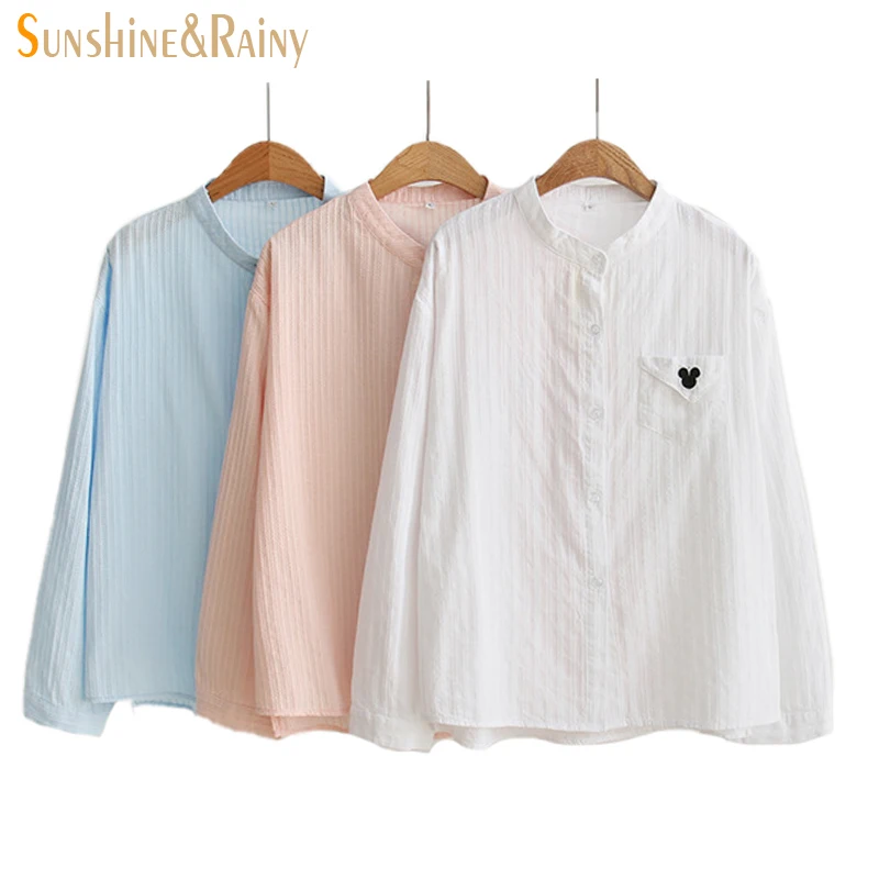 Sunshine & rainy musim semi manis perempuan murni kartun bordir kemeja wanita mandarin kerah saku desain kantor wanita kemeja putih